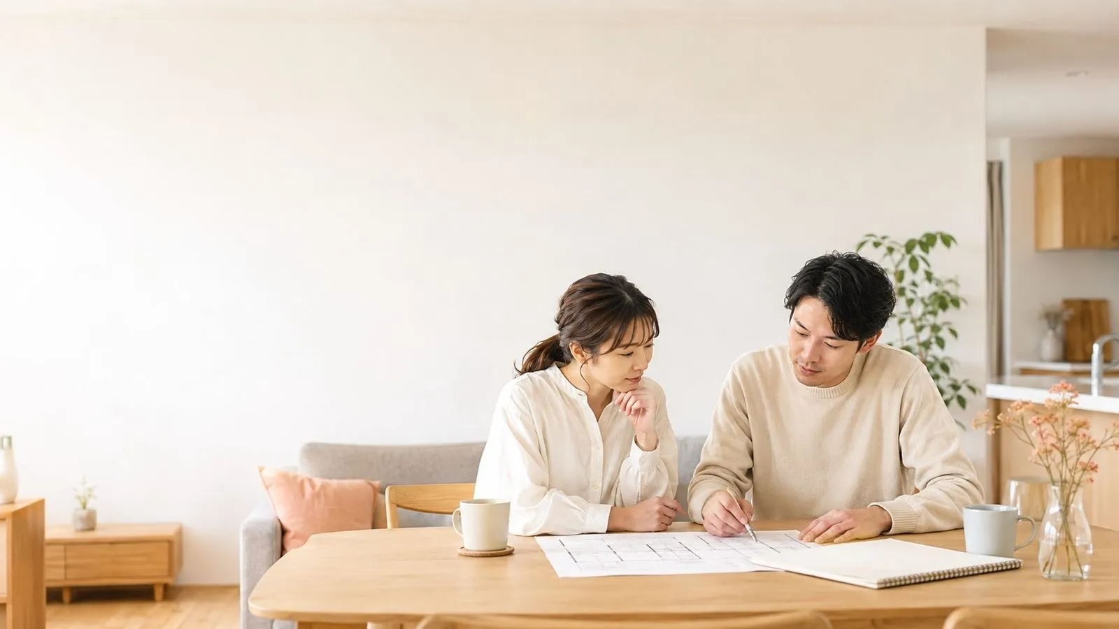 間取り図を見ながら家づくりを話し合うご夫婦